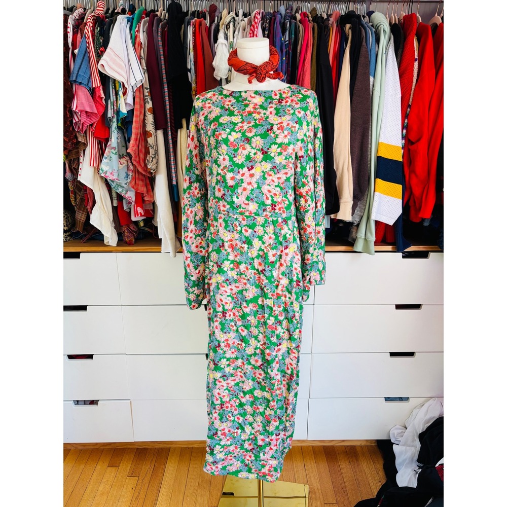 Zara Floral Midi Dress Womens Large Green Pink Daisy V-Back Long Sleeve Boho